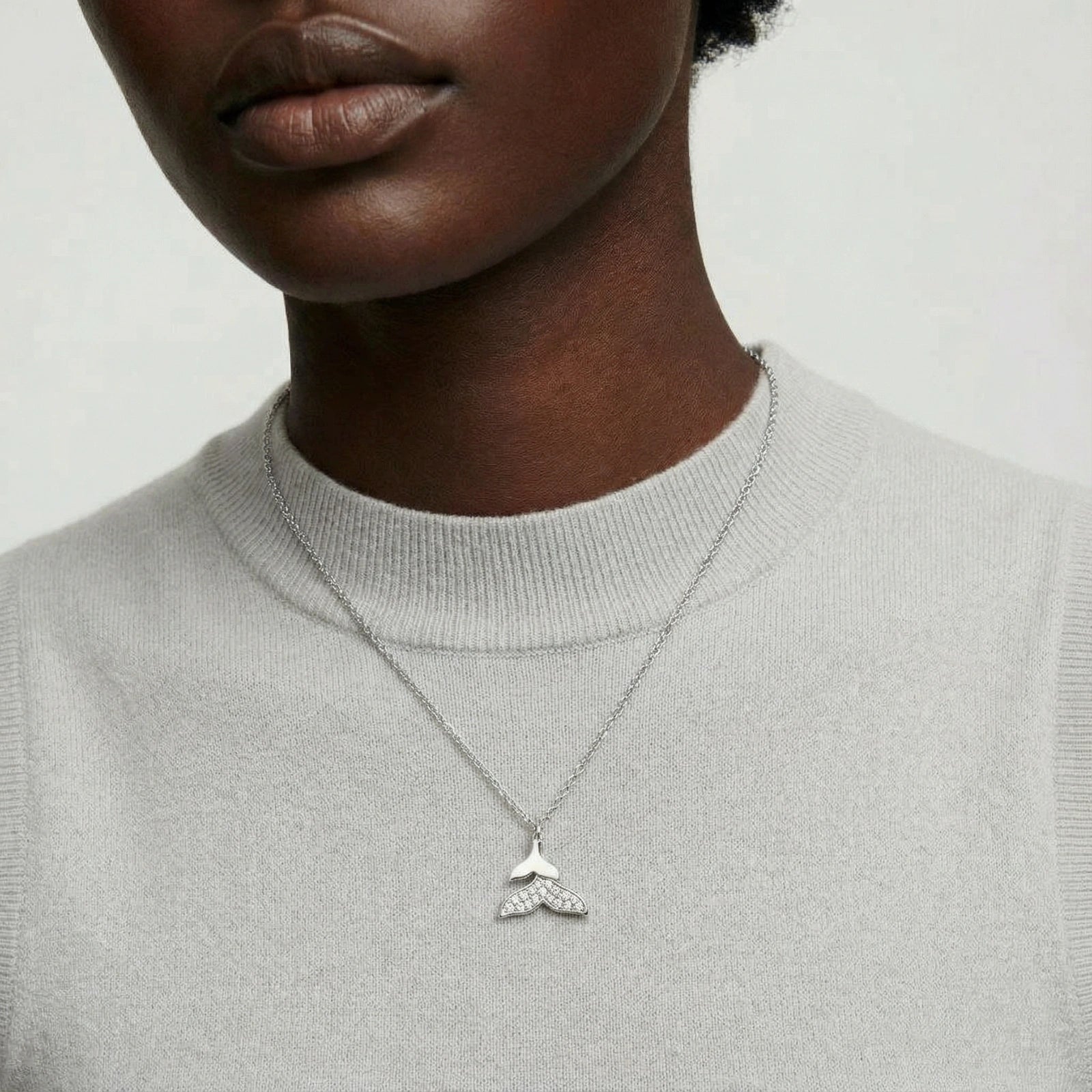 Whale Tail Crystal Necklace – White Gold Plated Pavé