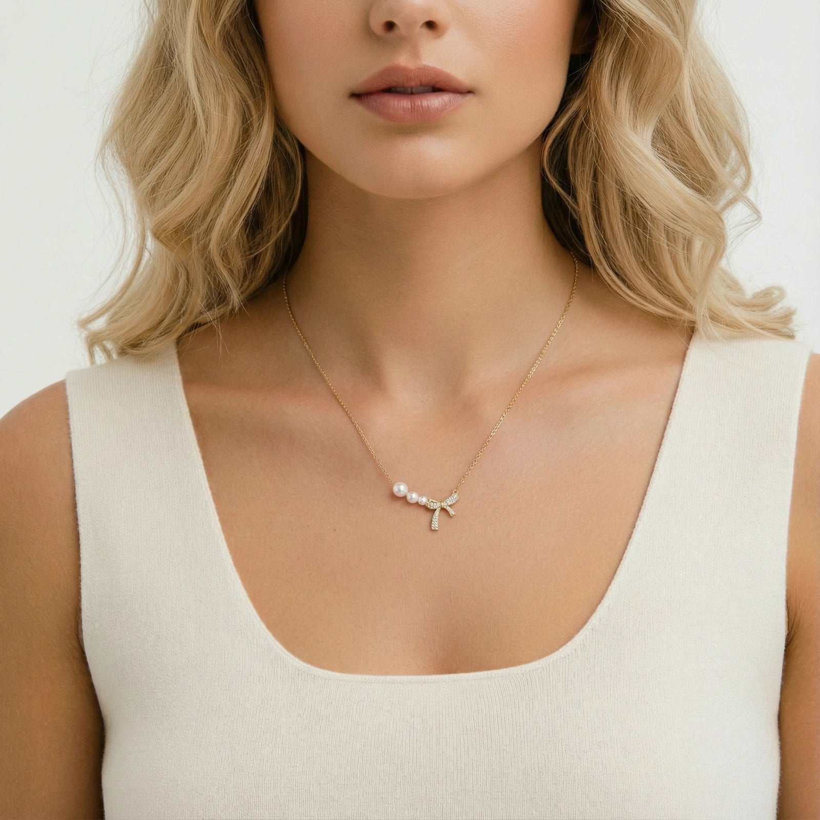 Pearl Bow Dreams Necklace – 14K Gold Plated Crystal Bow