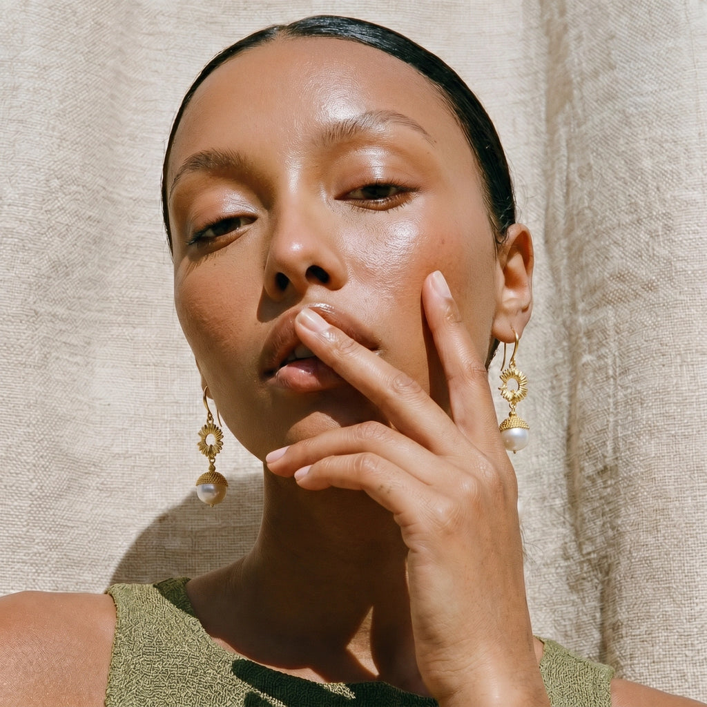 Sunburst Pearl Drop Earrings – 14K Gold Plated