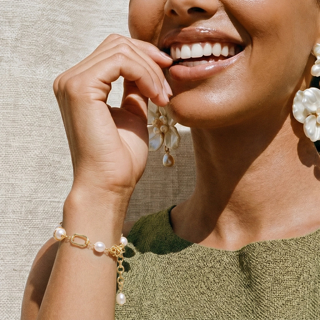 Golden Pearl Chain Bracelet – 14K Gold Plated Filigree