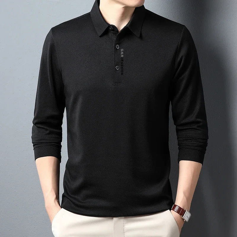 Men's Waffle Knit Long Sleeve Polo Shirt – Casual Letter Print