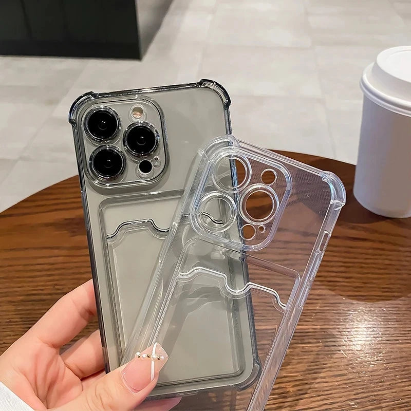 Transparent Card Slot Bag Holder Phone Case For iPhone16 15 14 13 12 11 Pro Max Clear Wallet Silicone Shockproof Back Cover