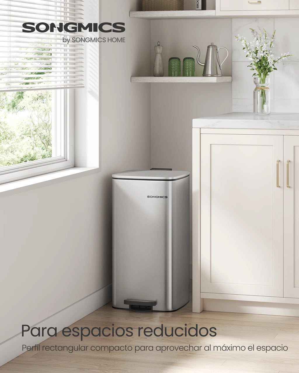 SONGMICS Kitchen Bin, 8-Gallon (30 L) Trash Bin, Steel Pedal Bin, Metallic Silver/Beige Sand/Black Ink/Cloud White