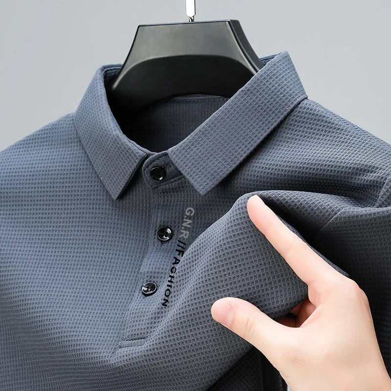 Men's Waffle Knit Long Sleeve Polo Shirt – Casual Letter Print