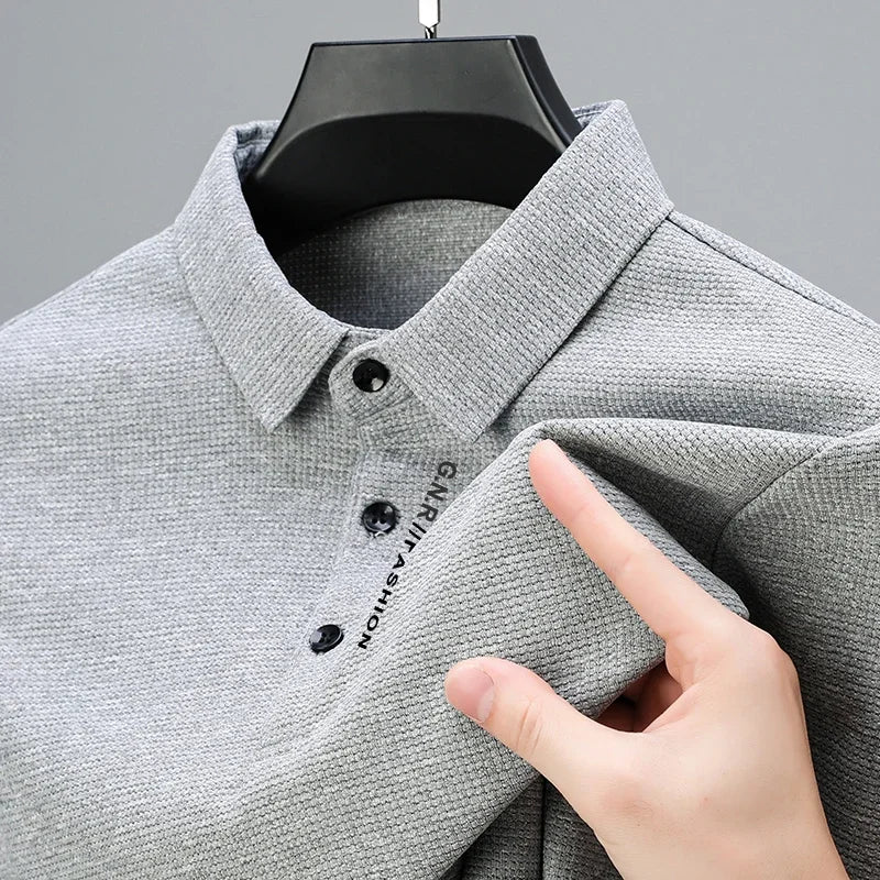 Men's Waffle Knit Long Sleeve Polo Shirt – Casual Letter Print