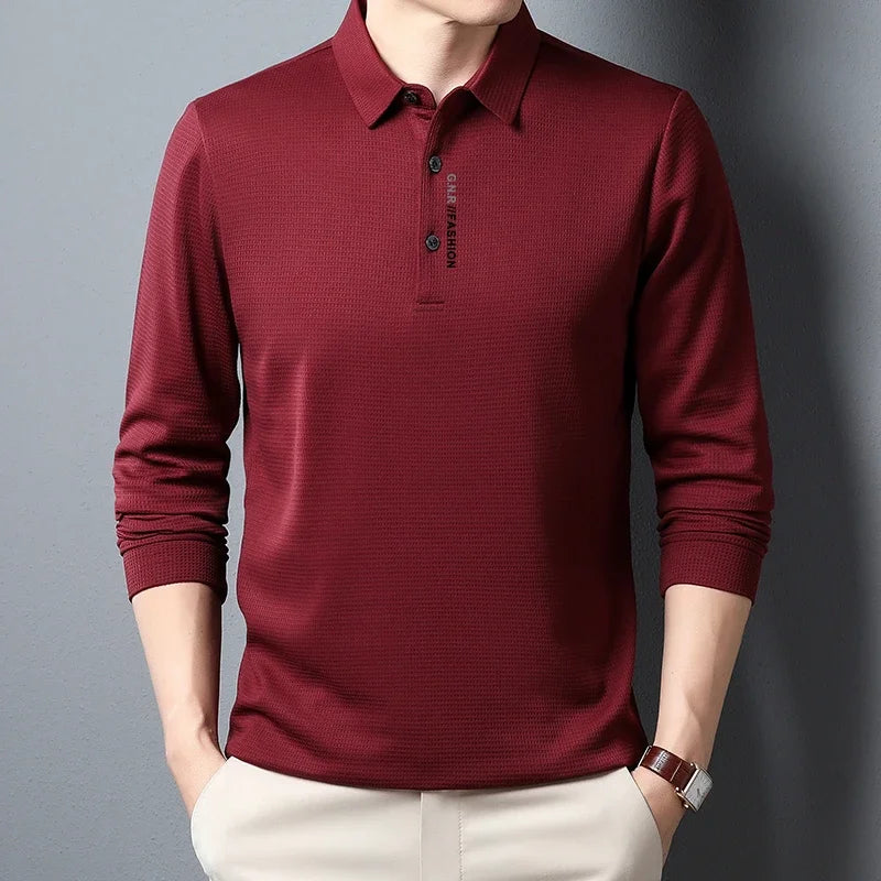 Men's Waffle Knit Long Sleeve Polo Shirt – Casual Letter Print