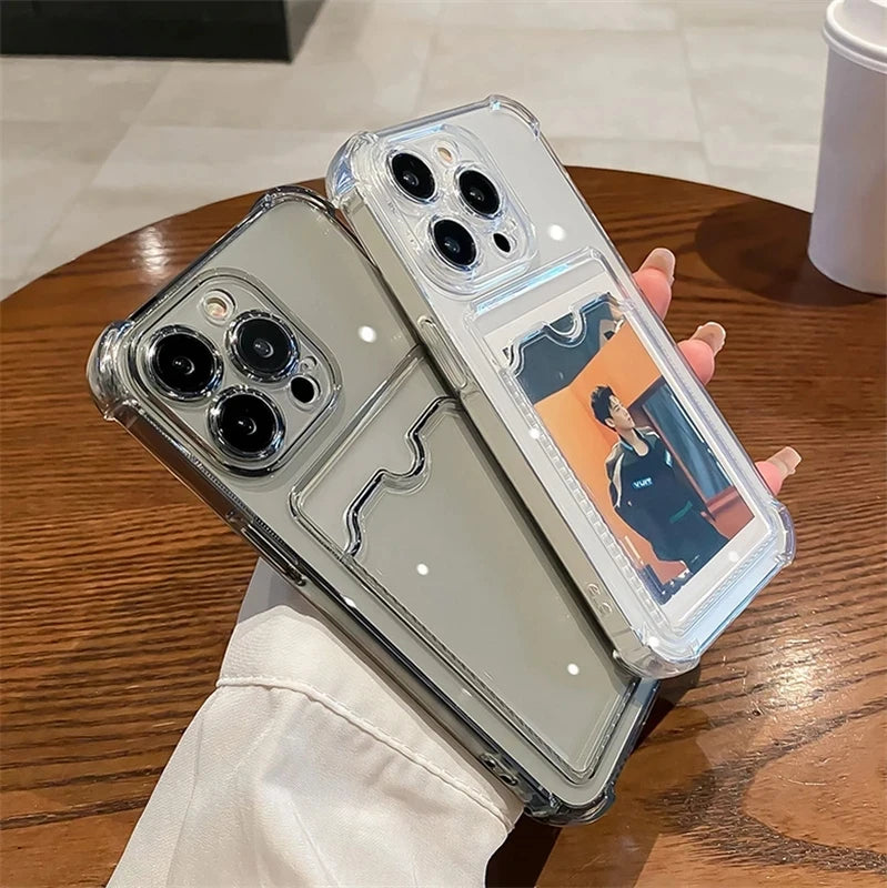 Transparent Card Slot Bag Holder Phone Case For iPhone16 15 14 13 12 11 Pro Max Clear Wallet Silicone Shockproof Back Cover