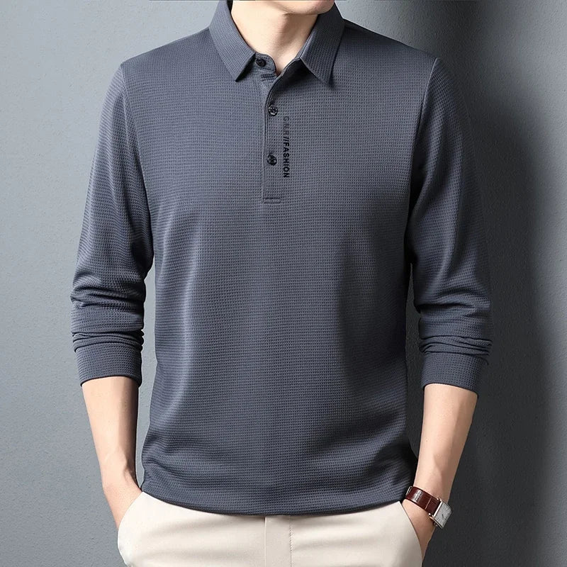 Men's Waffle Knit Long Sleeve Polo Shirt – Casual Letter Print
