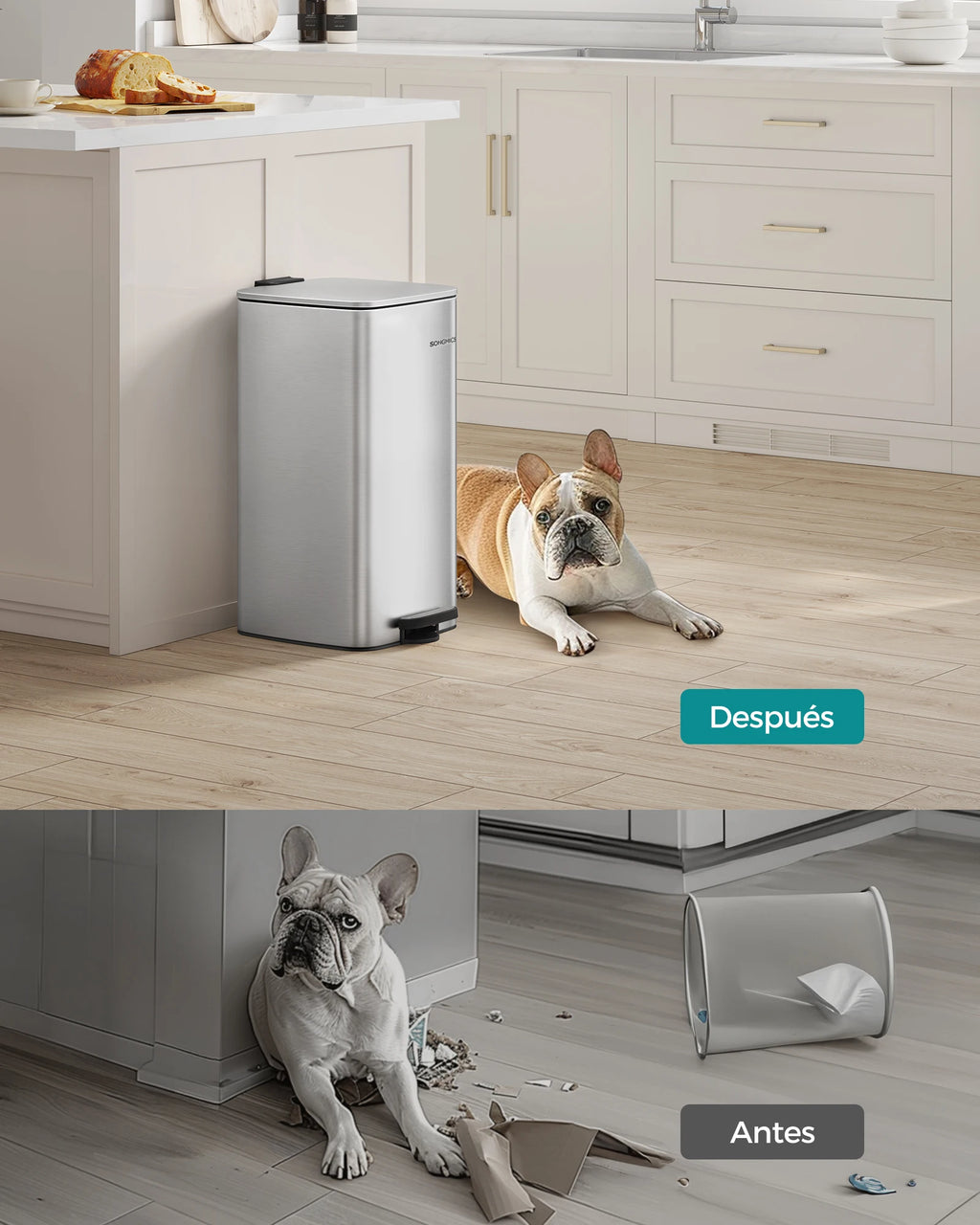 SONGMICS Kitchen Bin, 8-Gallon (30 L) Trash Bin, Steel Pedal Bin, Metallic Silver/Beige Sand/Black Ink/Cloud White