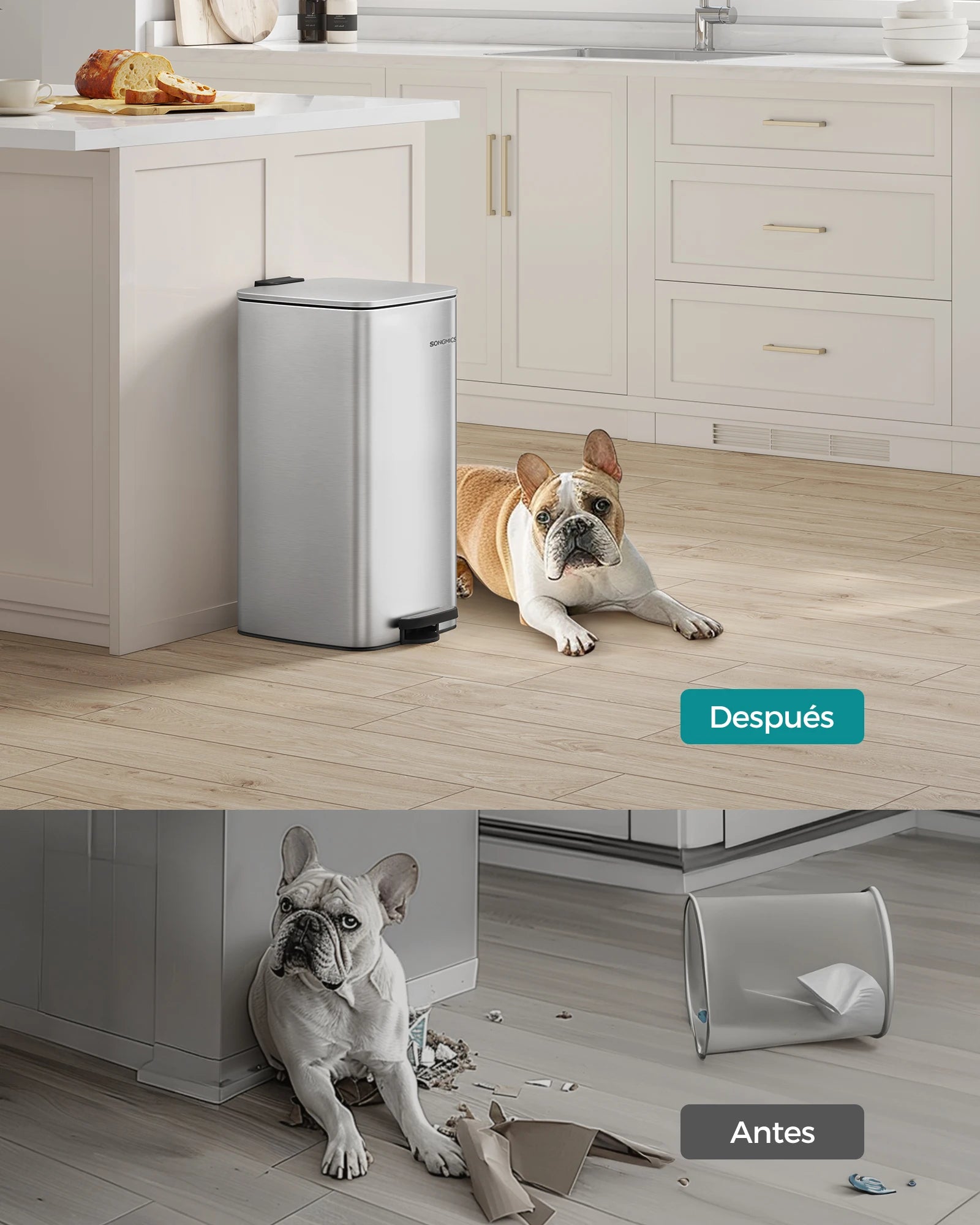 SONGMICS Kitchen Bin, 8-Gallon (30 L) Trash Bin, Steel Pedal Bin, Metallic Silver/Beige Sand/Black Ink/Cloud White