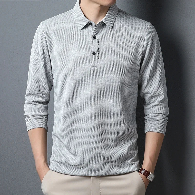 Men's Waffle Knit Long Sleeve Polo Shirt – Casual Letter Print