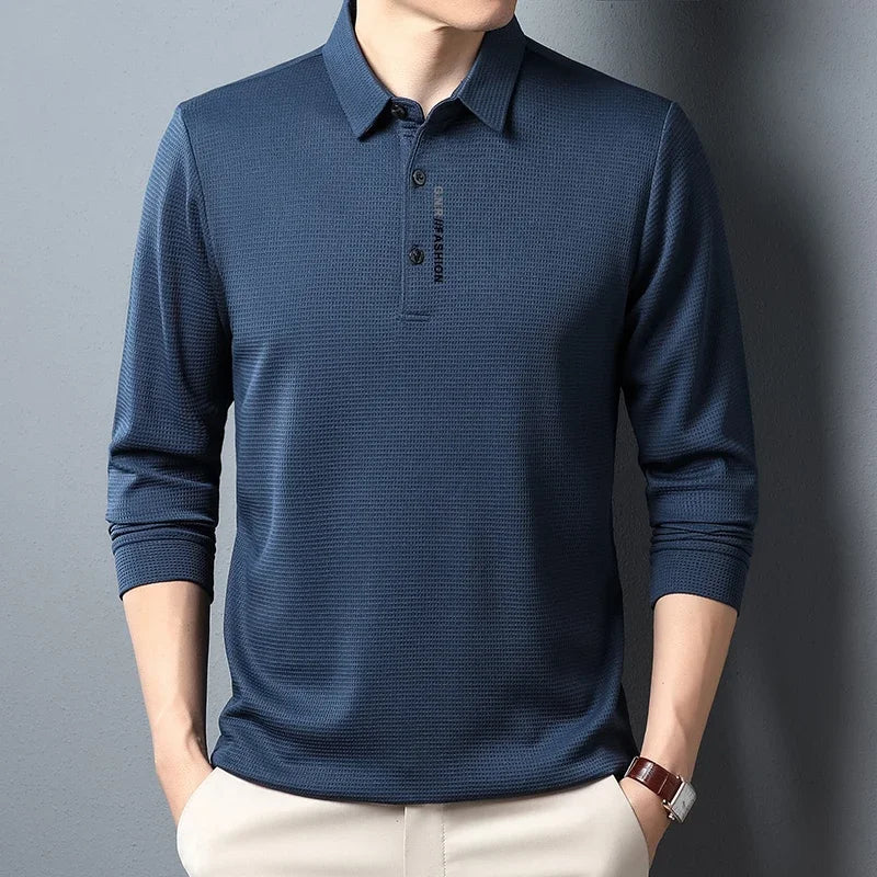 Men's Waffle Knit Long Sleeve Polo Shirt – Casual Letter Print