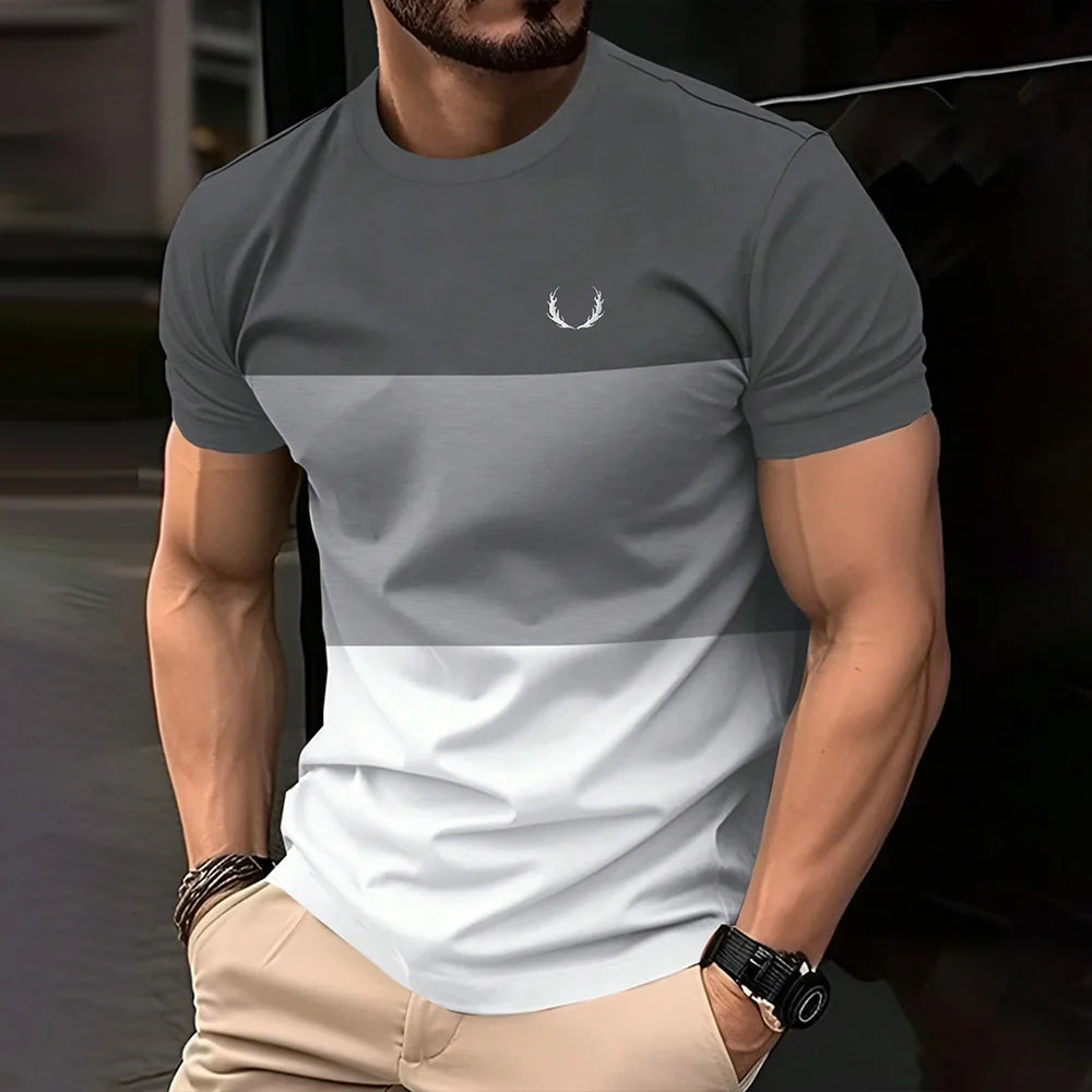 2025 Fashion Men's Color Blocking Printed T-Shirt Casual Street Male Crew Neck Short Sleeve T Shirt Large Size Menswear Clothing