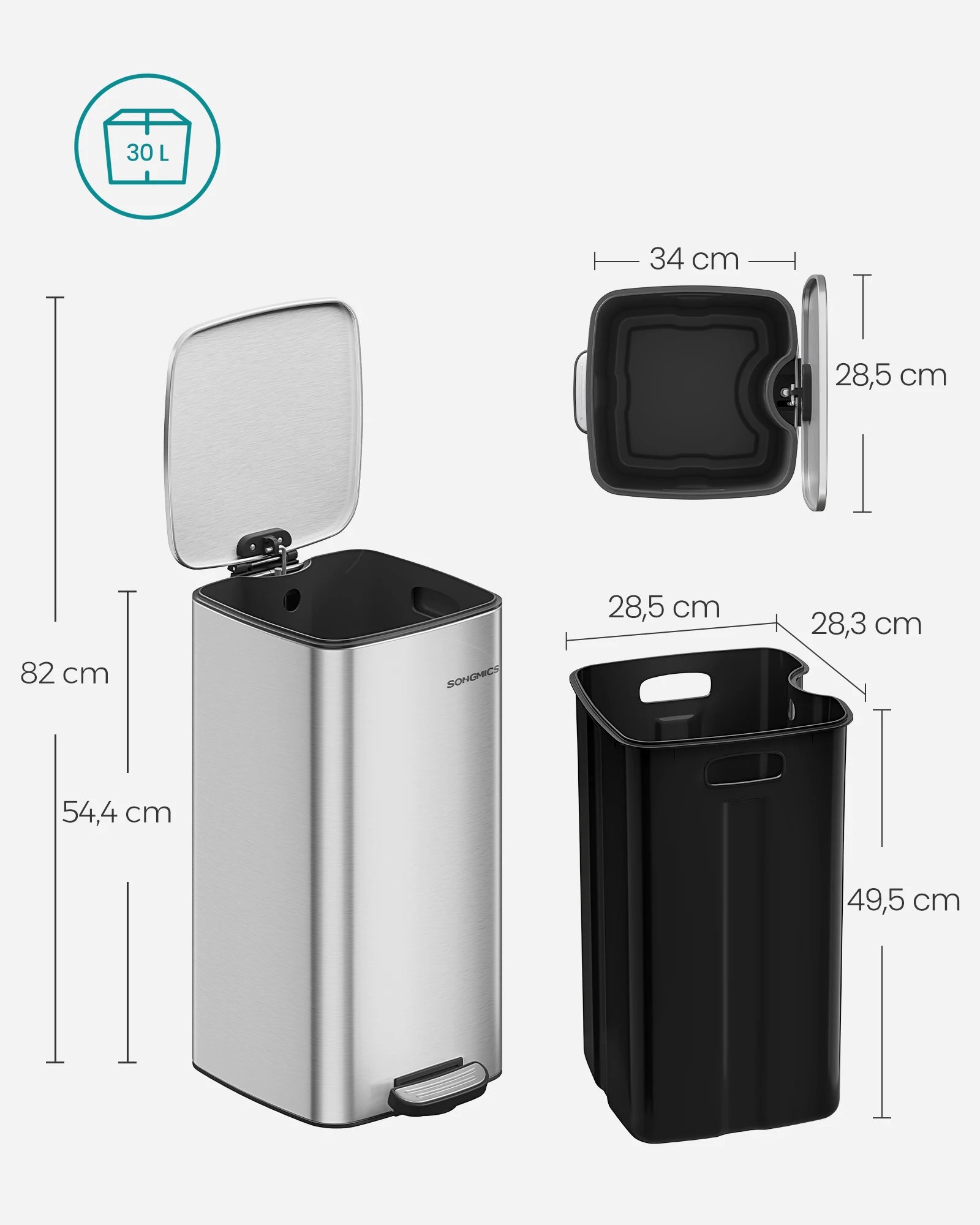 SONGMICS Kitchen Bin, 8-Gallon (30 L) Trash Bin, Steel Pedal Bin, Metallic Silver/Beige Sand/Black Ink/Cloud White