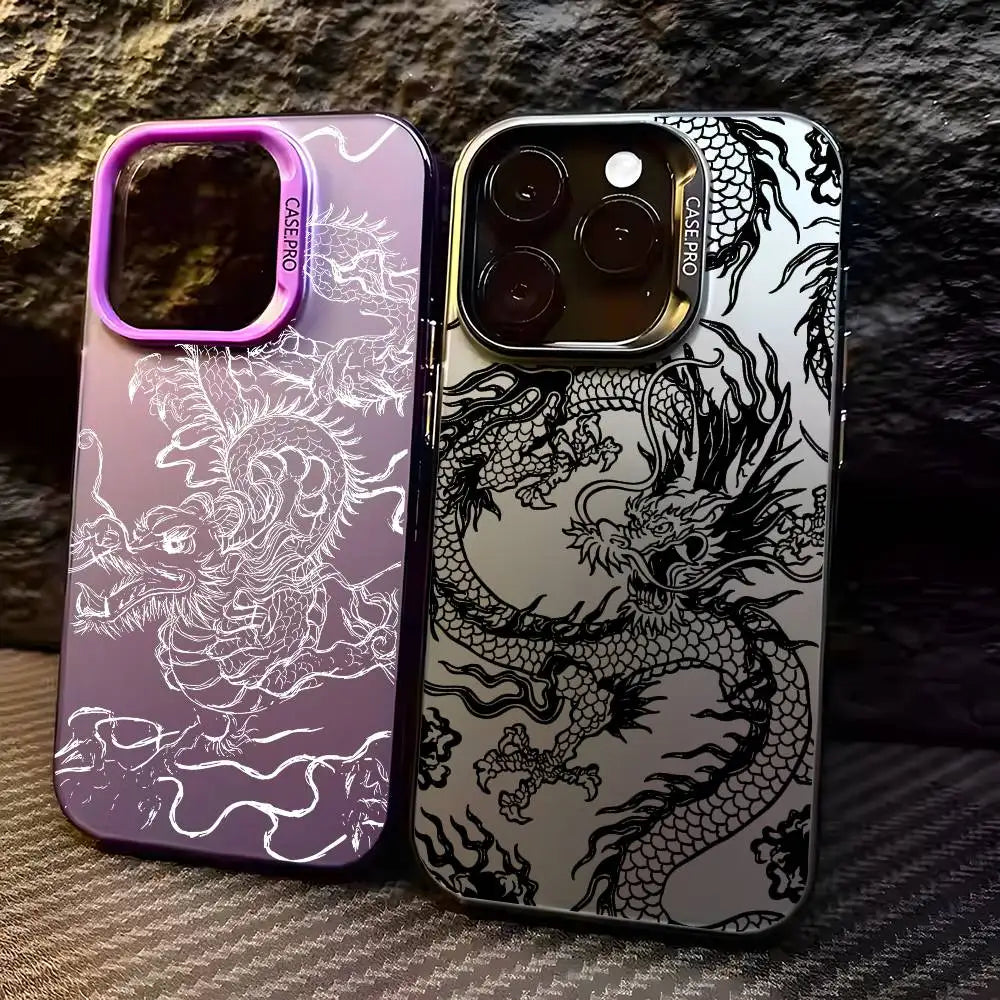 Fashion Chinese Dragon Phone Case For IPhone 16 15 14 13 12 11 Pro Max Black Matte Multicolor Laser Metallic Aurora Cover