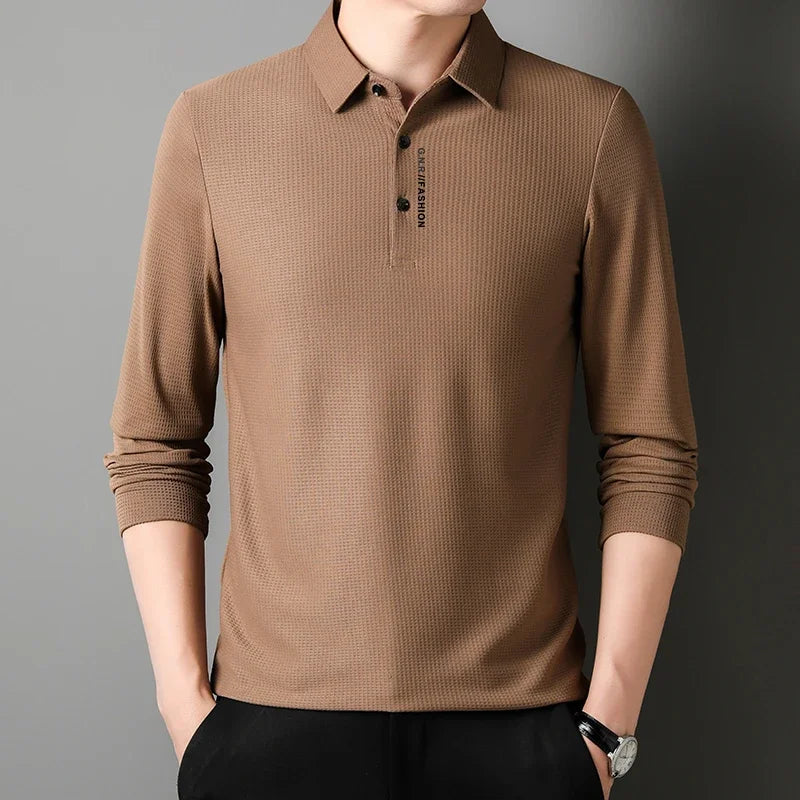 Men's Waffle Knit Long Sleeve Polo Shirt – Casual Letter Print