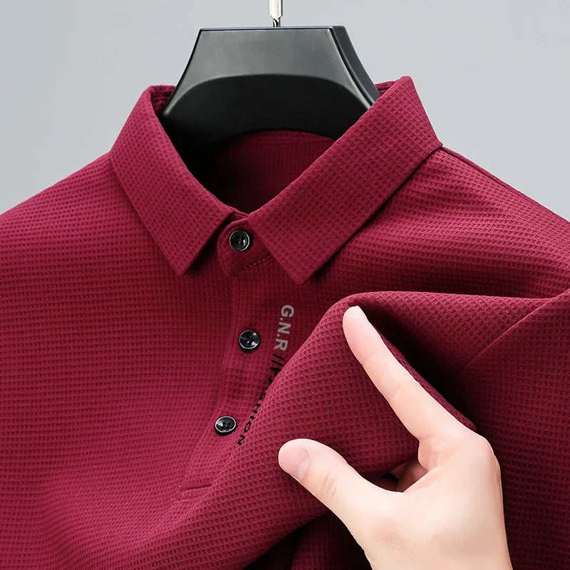 Men's Waffle Knit Long Sleeve Polo Shirt – Casual Letter Print