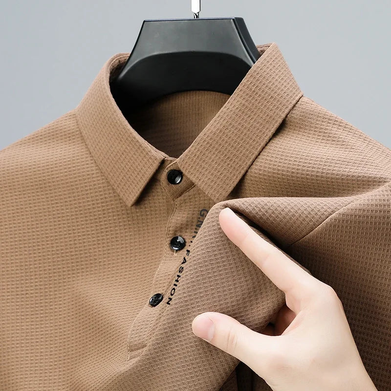 Men's Waffle Knit Long Sleeve Polo Shirt – Casual Letter Print
