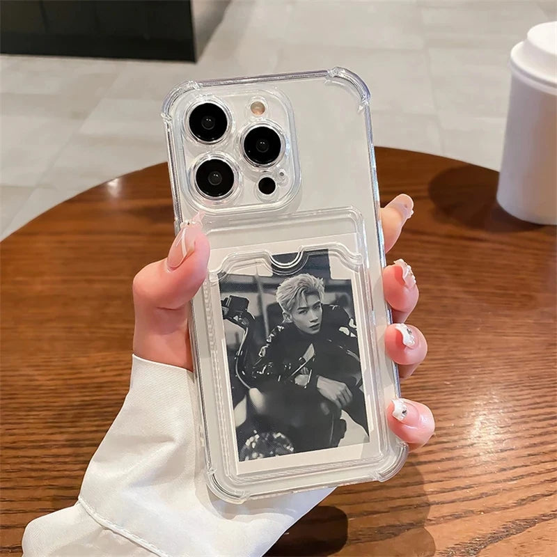 Transparent Card Slot Bag Holder Phone Case For iPhone16 15 14 13 12 11 Pro Max Clear Wallet Silicone Shockproof Back Cover