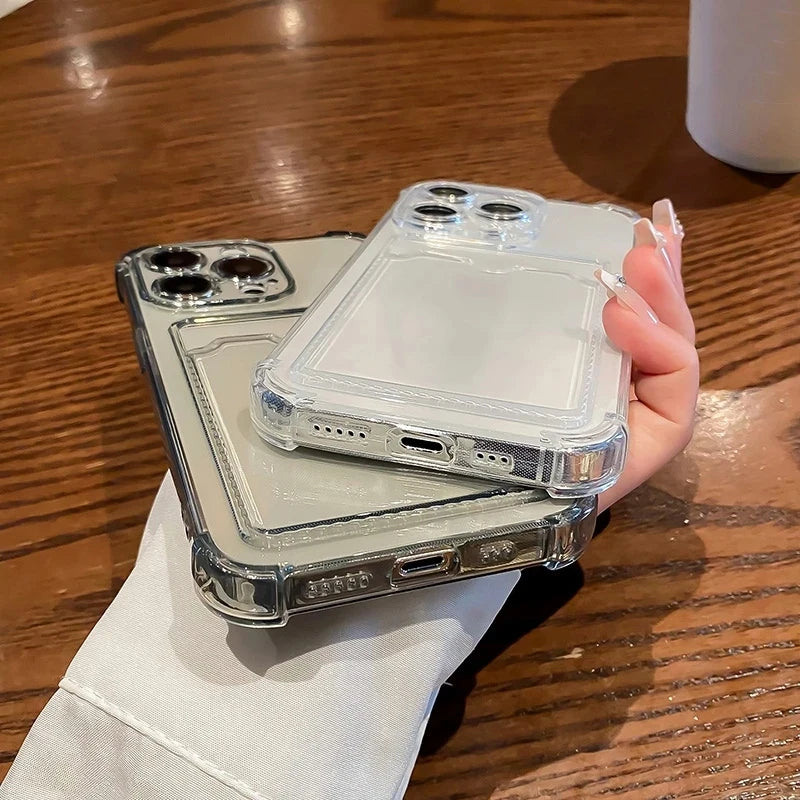 Transparent Card Slot Bag Holder Phone Case For iPhone16 15 14 13 12 11 Pro Max Clear Wallet Silicone Shockproof Back Cover