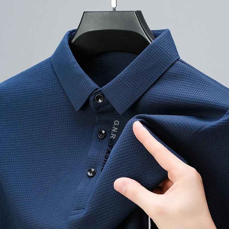 Men's Waffle Knit Long Sleeve Polo Shirt – Casual Letter Print