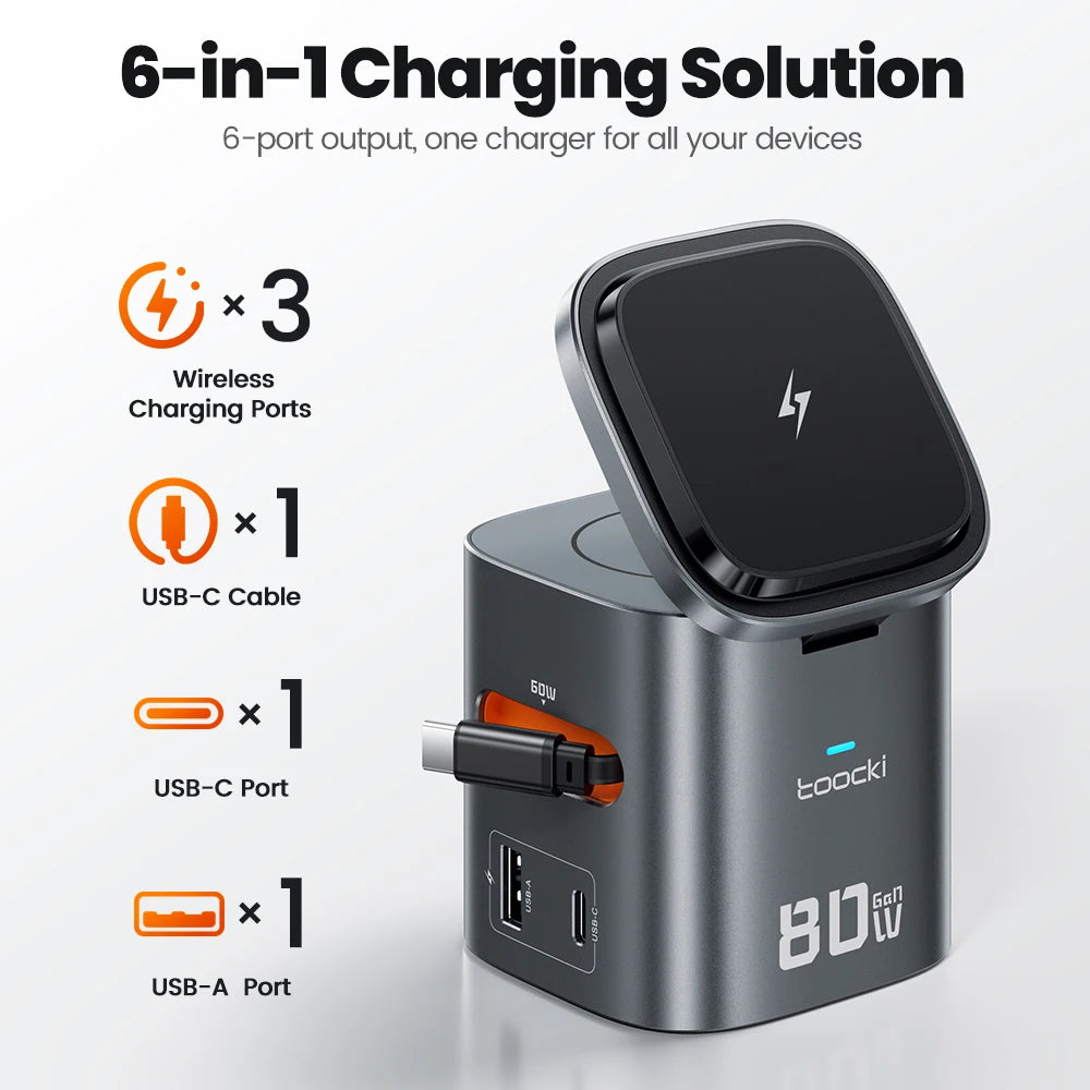 Toocki 80W 6-in-1 GaN Charging Station – MagSafe & PD | 6'lı GaN Şarj İstasyonu