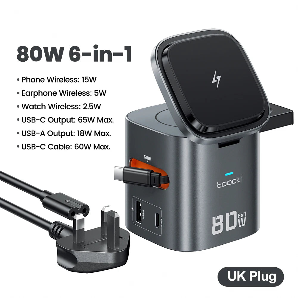 Toocki 80W 6-in-1 GaN Charging Station – MagSafe & PD | 6'lı GaN Şarj İstasyonu