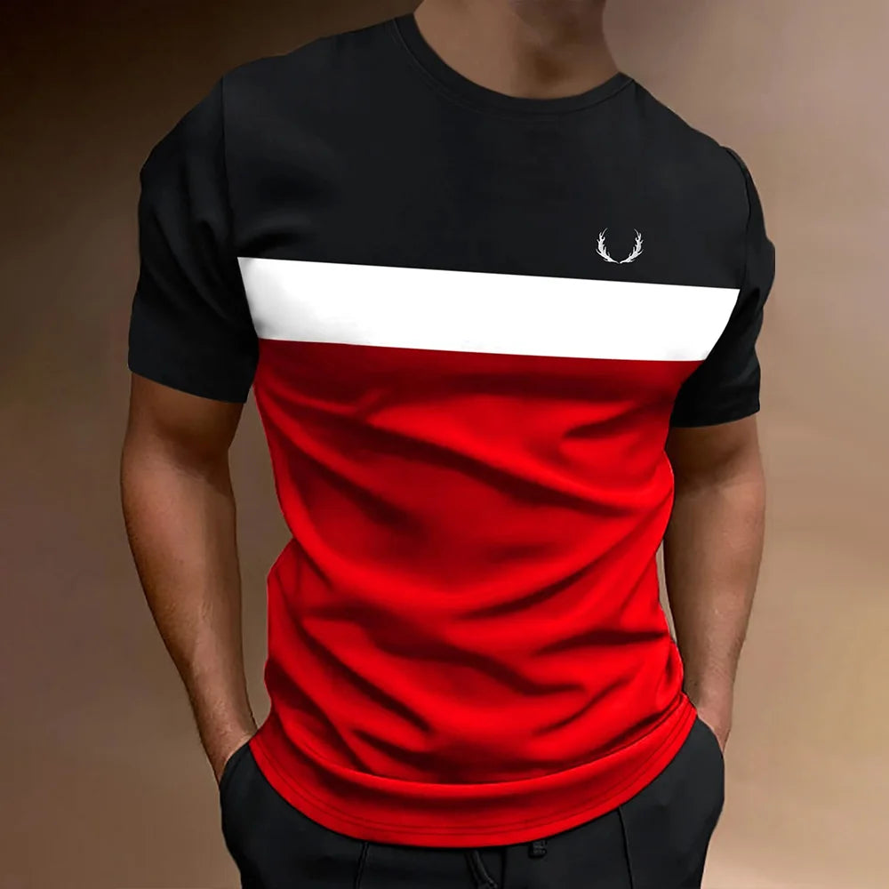 2025 Fashion Men's Color Blocking Printed T-Shirt Casual Street Male Crew Neck Short Sleeve T Shirt Large Size Menswear Clothing
