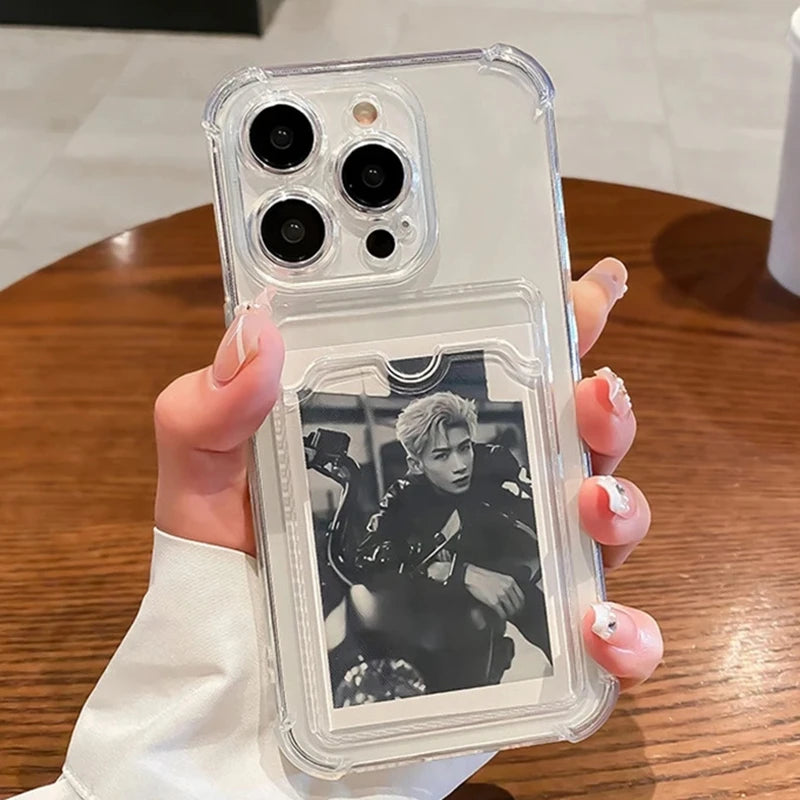 Transparent Card Slot Bag Holder Phone Case For iPhone16 15 14 13 12 11 Pro Max Clear Wallet Silicone Shockproof Back Cover