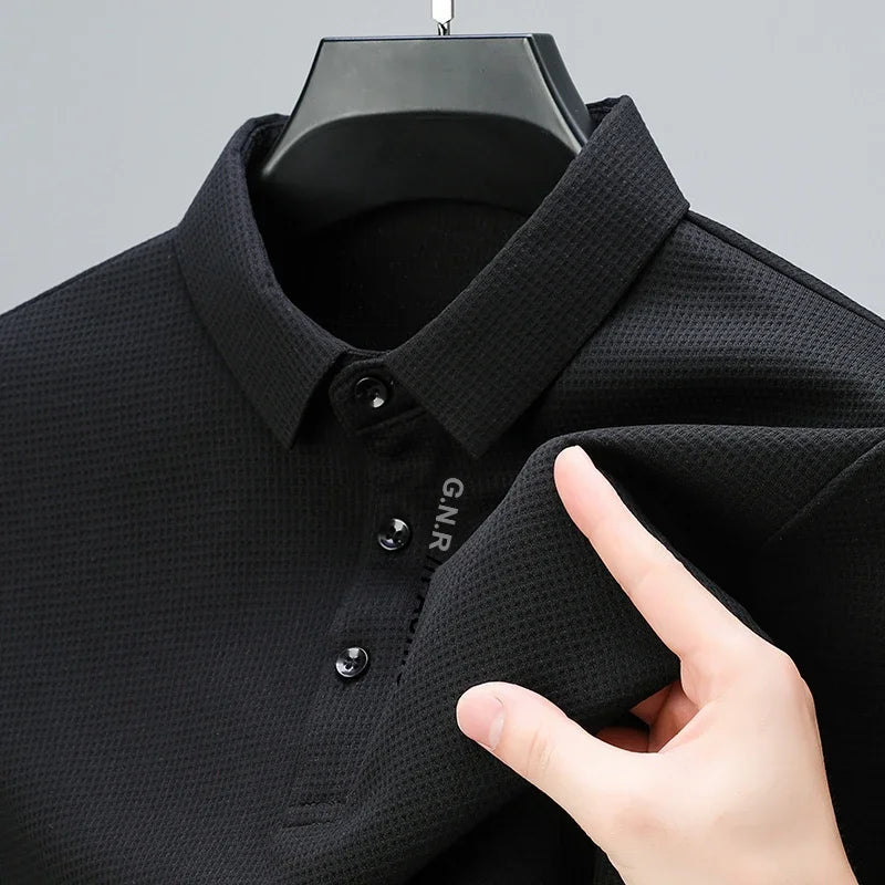 Men's Waffle Knit Long Sleeve Polo Shirt – Casual Letter Print